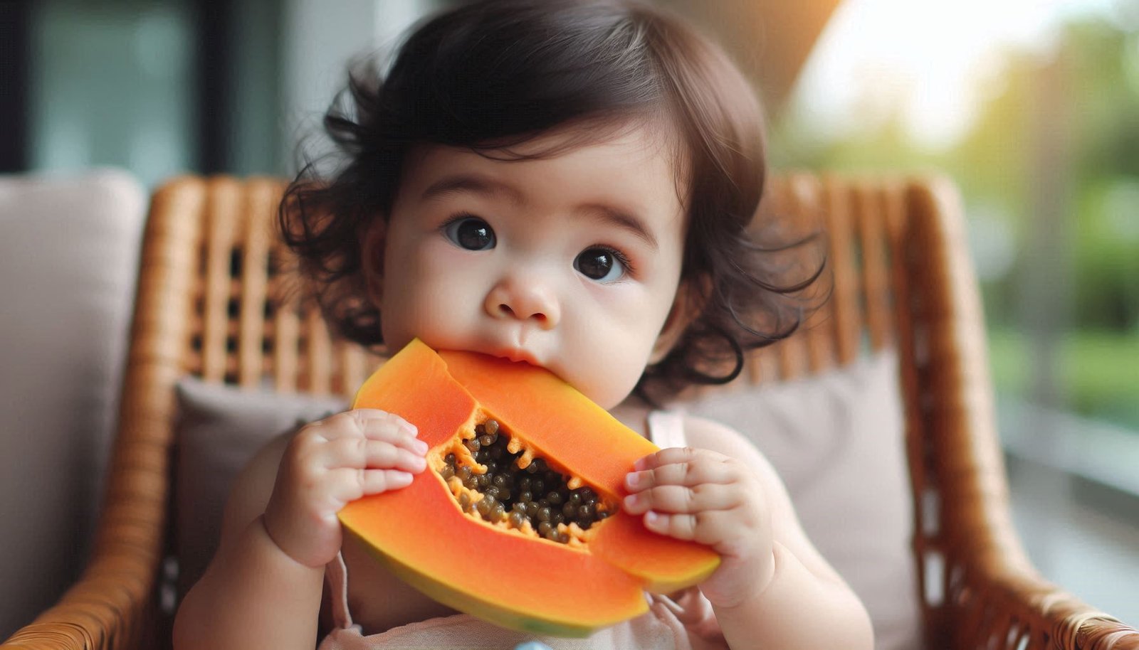 A baby girl eating fresh papaya