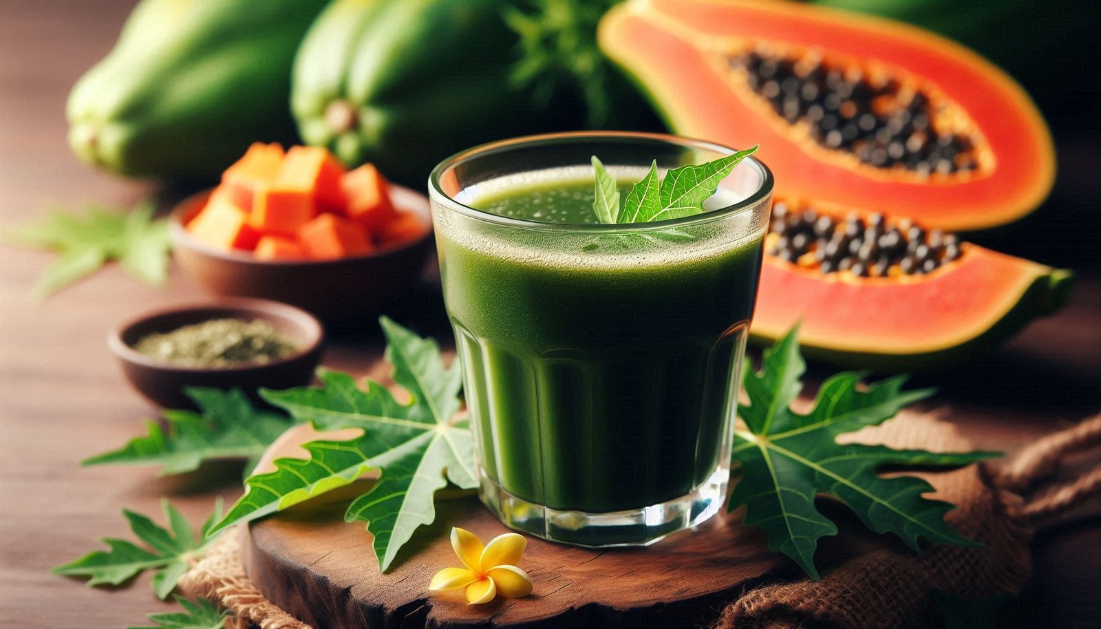 Papaya leaf juice in a glass with fresh leaves.