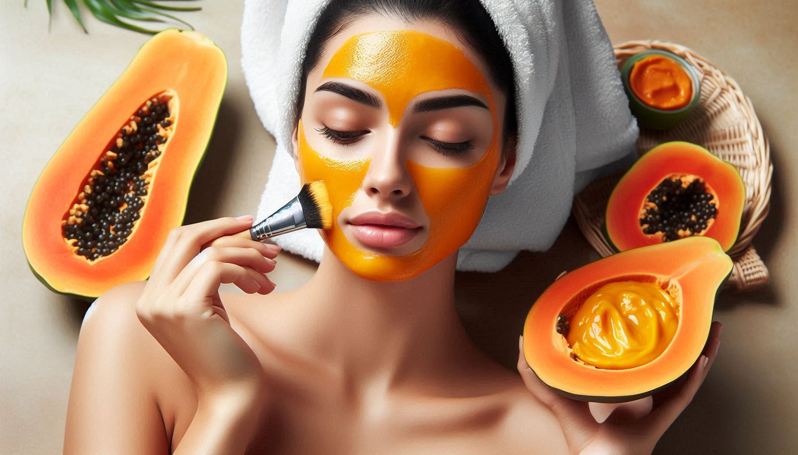 Woman applying a papaya face mask.