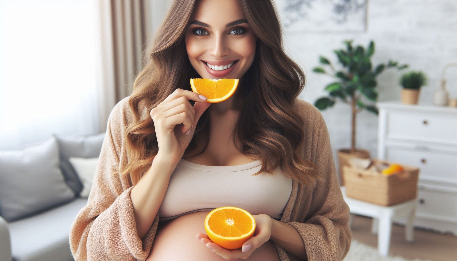 pregnant woman smiling and holding a sliced orange to her mouth