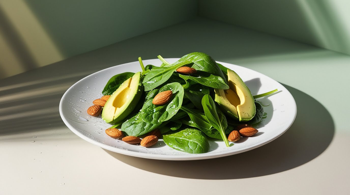 spinach, almonds, and avocado